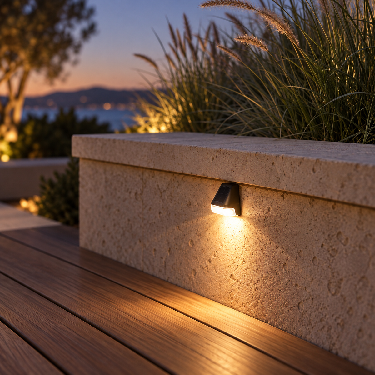 Linea solar step light on a stone garden wall at dusk; one light shown.