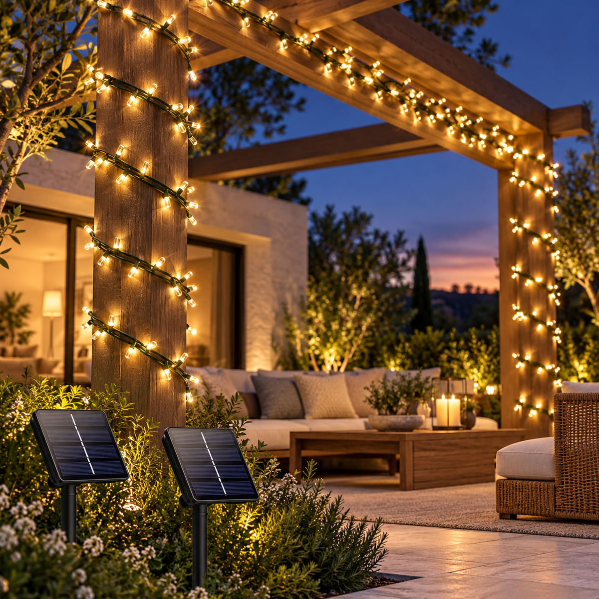 Stella warm-white solar string lights styled on a modern patio; set includes two strings and two solar panels.